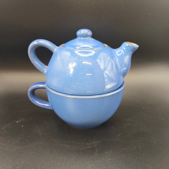 London Pottery Blue “Tea for One” Teapot & Cup Set Stoneware 6" England - Picture 2 of 11